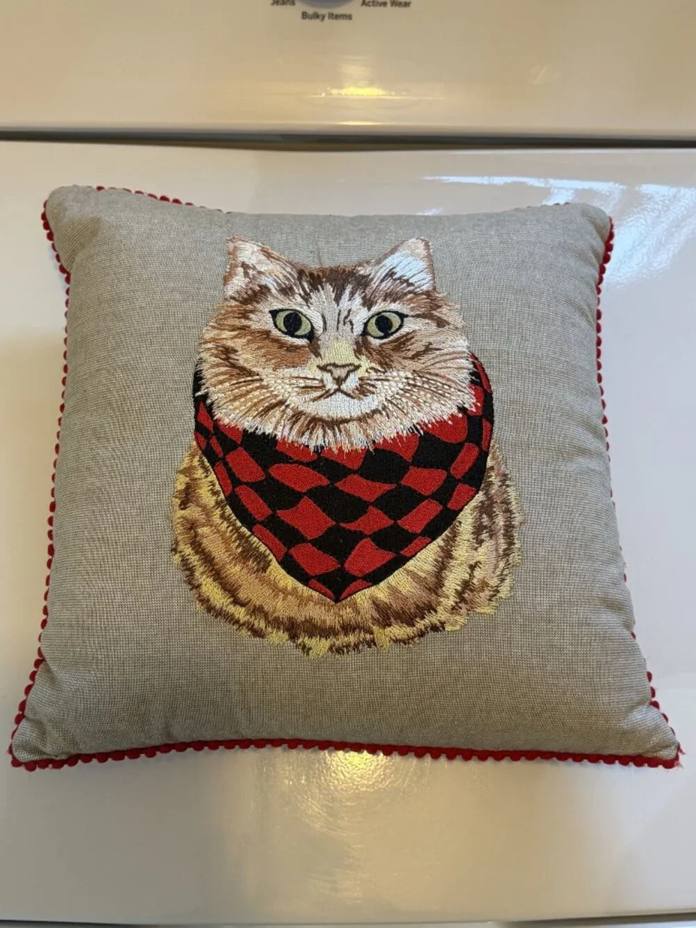 Pier 1 Decorative Cat Throw Pillow Red Black Scarf Embroidery Pom-Pom Trim 11x11